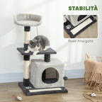 Cat Tree, 85 cm Tall, with House, Bed, Posts and Scratching Mat, Grey