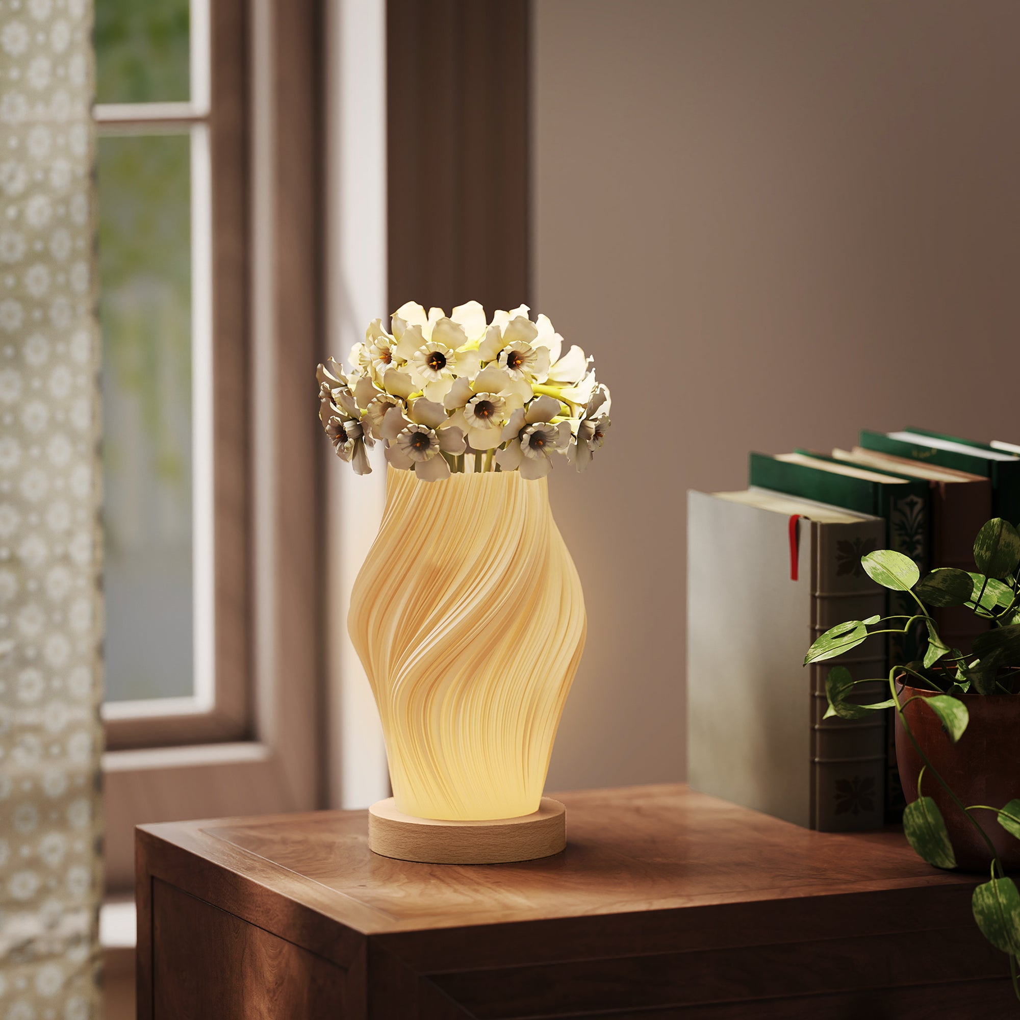 3-Color Wavy Table Lamp with USB Port, ABS and Rubber, Ø12x20 cm, White and Wood Color