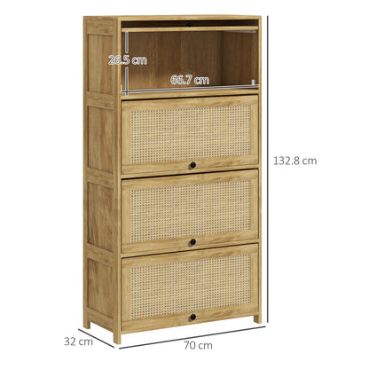 Boho Style Kitchen Cabinet with 4 Drop-Door Doors, Chipboard and Rattan, 70x32x132.8 cm - Borgè