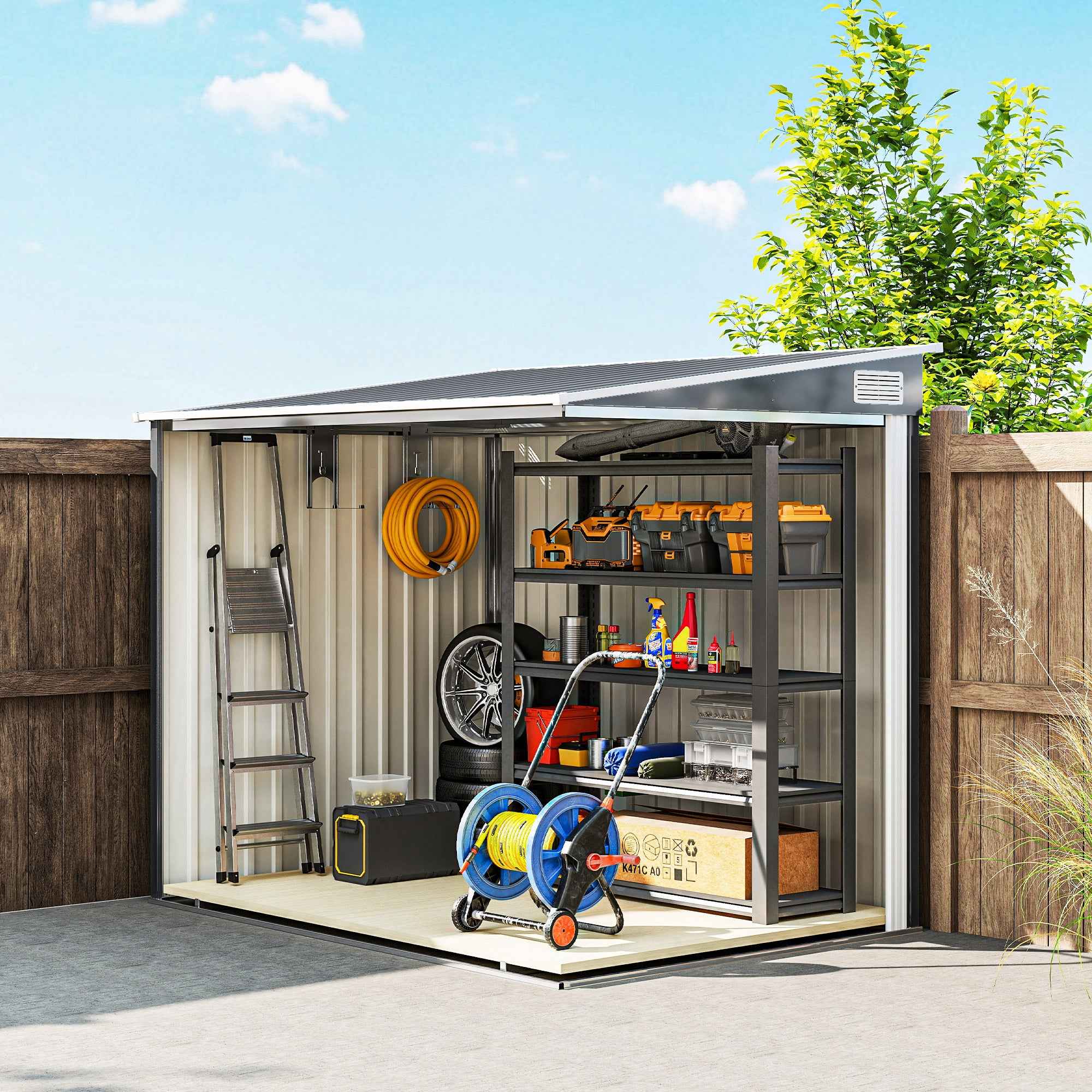 Outsunny 1.5x2m Metal Tool Shed with Base, Sliding Door and Sloped Roof, Dark Grey
