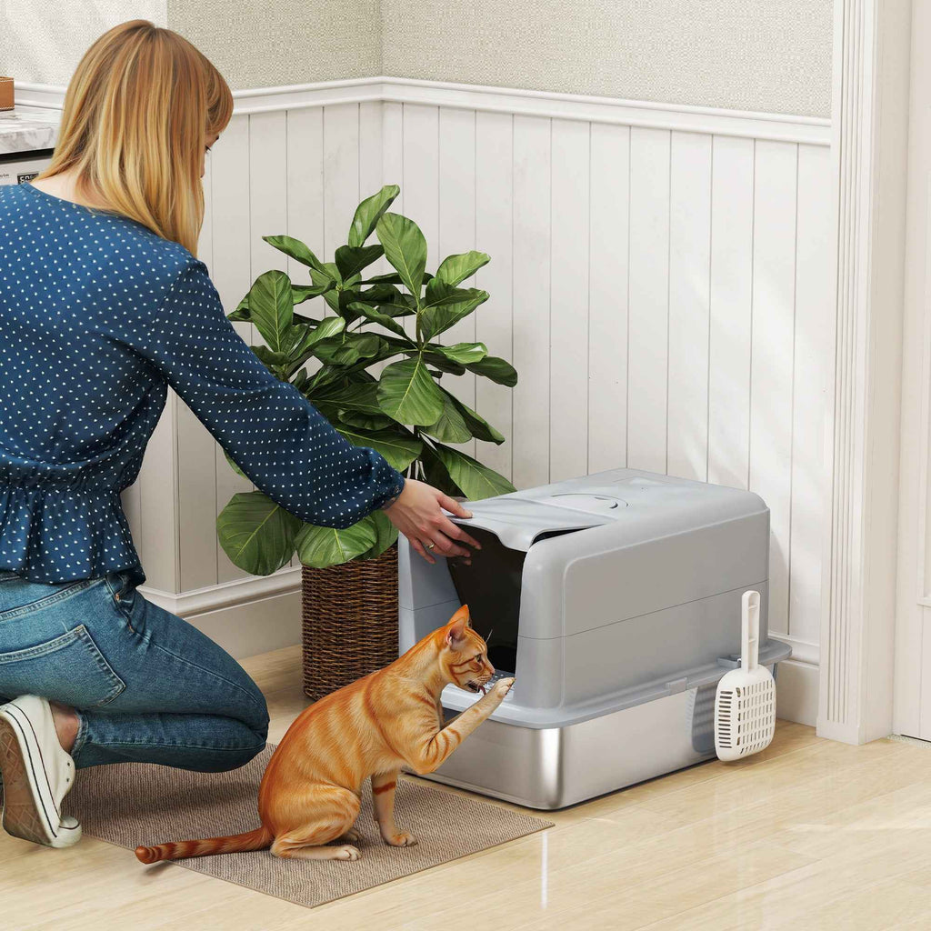 PawHut Enclosed Cat Litter Box with Steel Tray, Scoop and Filters, 40.5x60.5x41.5 cm, Grey and Silver