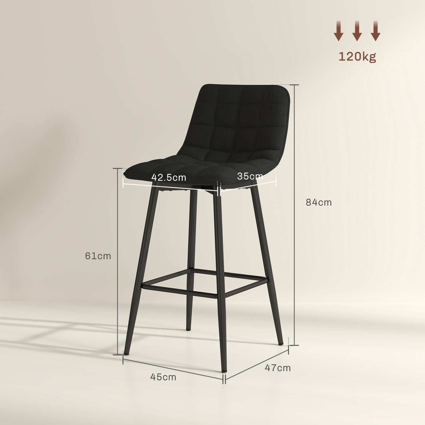 Set of 2 Nordic Style Kitchen Stools in Velvet and Metal Effect Fabric, 45x47x84 cm, Black