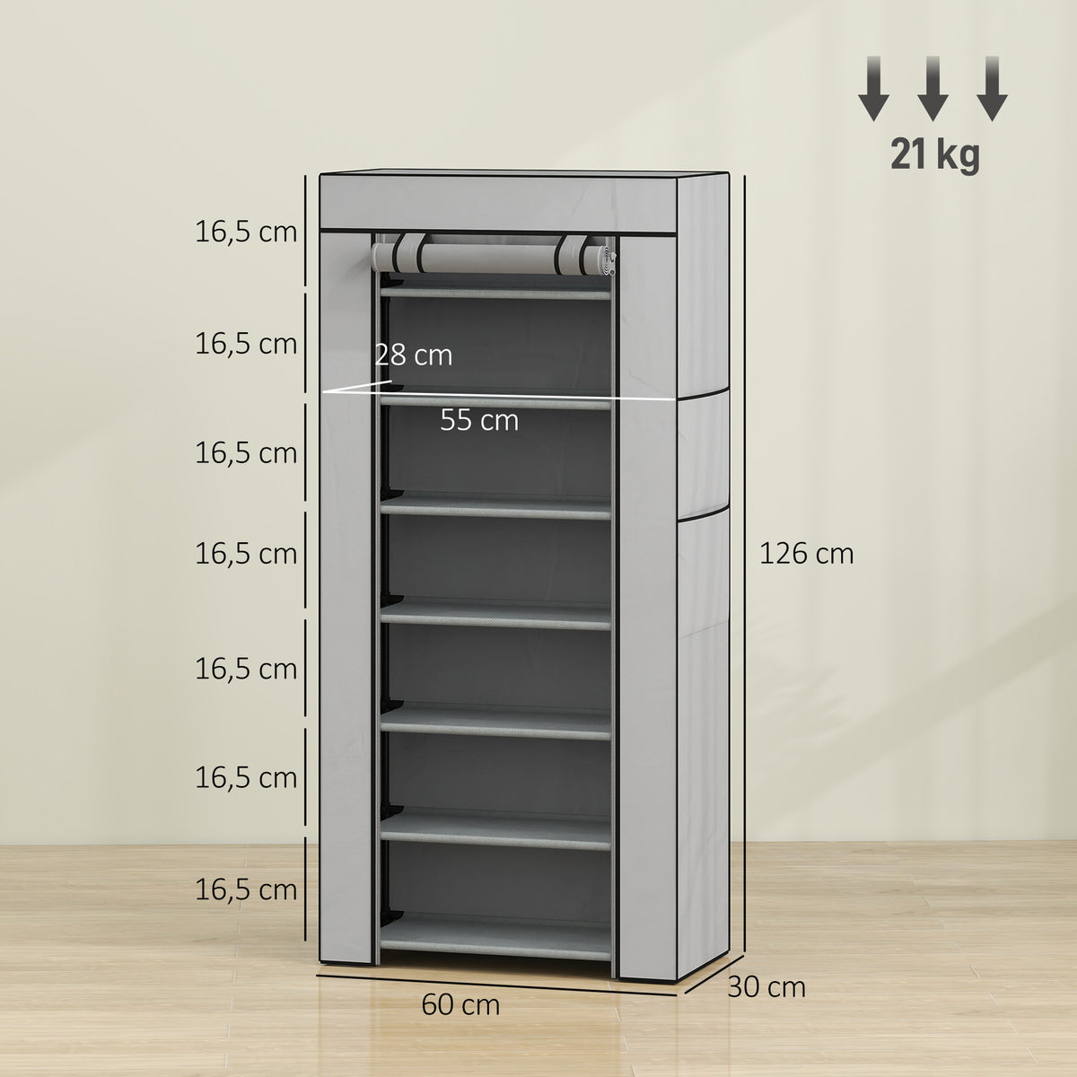 HOMCOM 7-Tier Steel Shoe Rack with TNT Cover, 60 x 30 x 126 cm, Grey