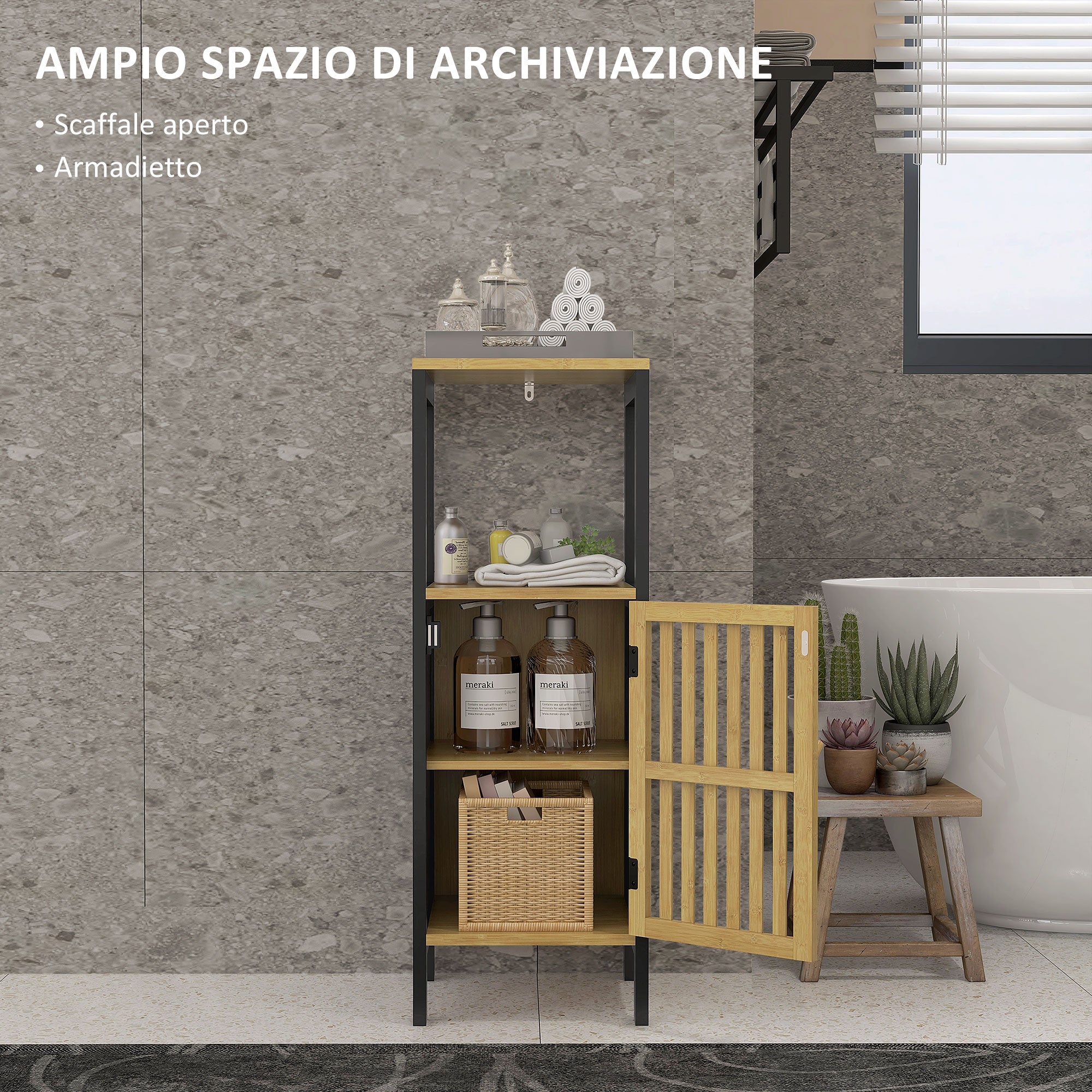 HOMCOM Bathroom Cabinet with Open Shelf and Cabinet, in MDF and Bamboo, 32x30x90.5 cm, Black and Wood Color - Borgè