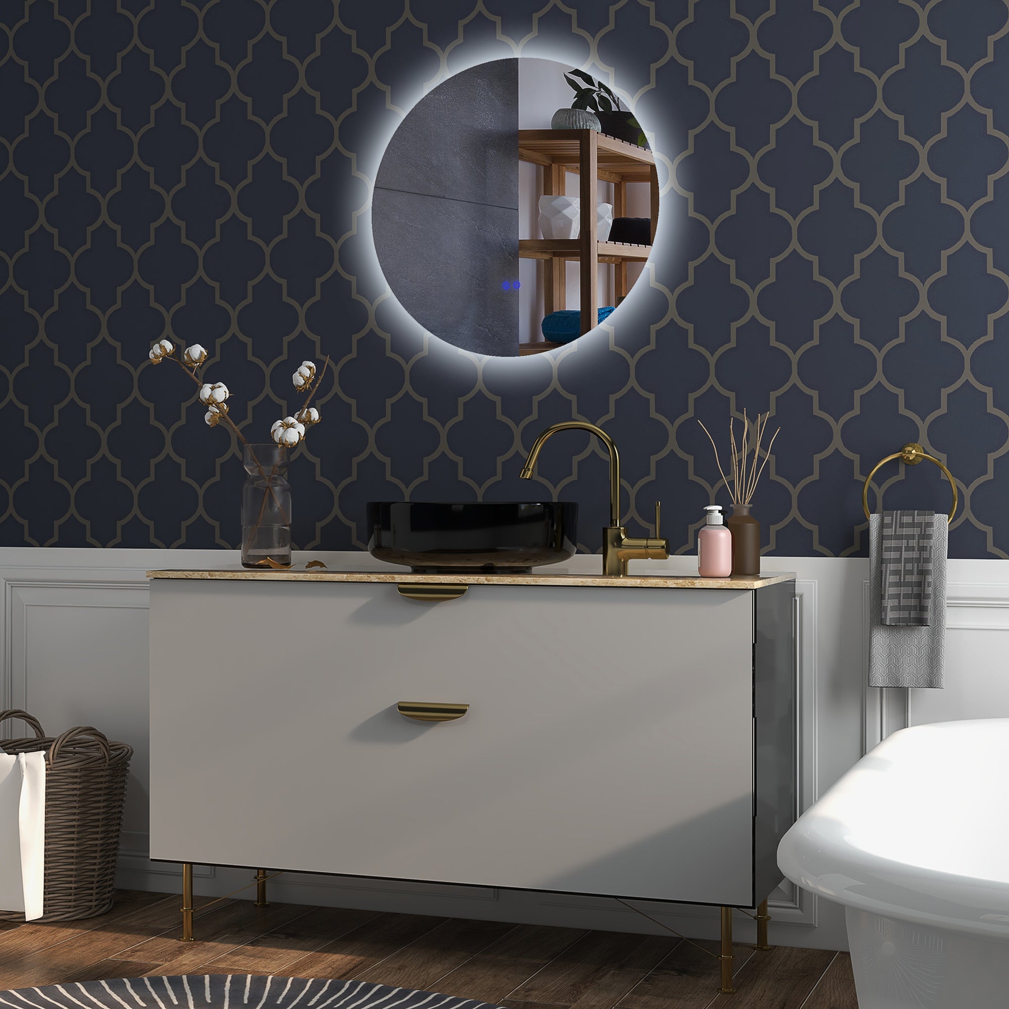 Bathroom Mirror with Dimmable LED Lights, Touch Switches and Anti-Fog Design, Ø70 cm