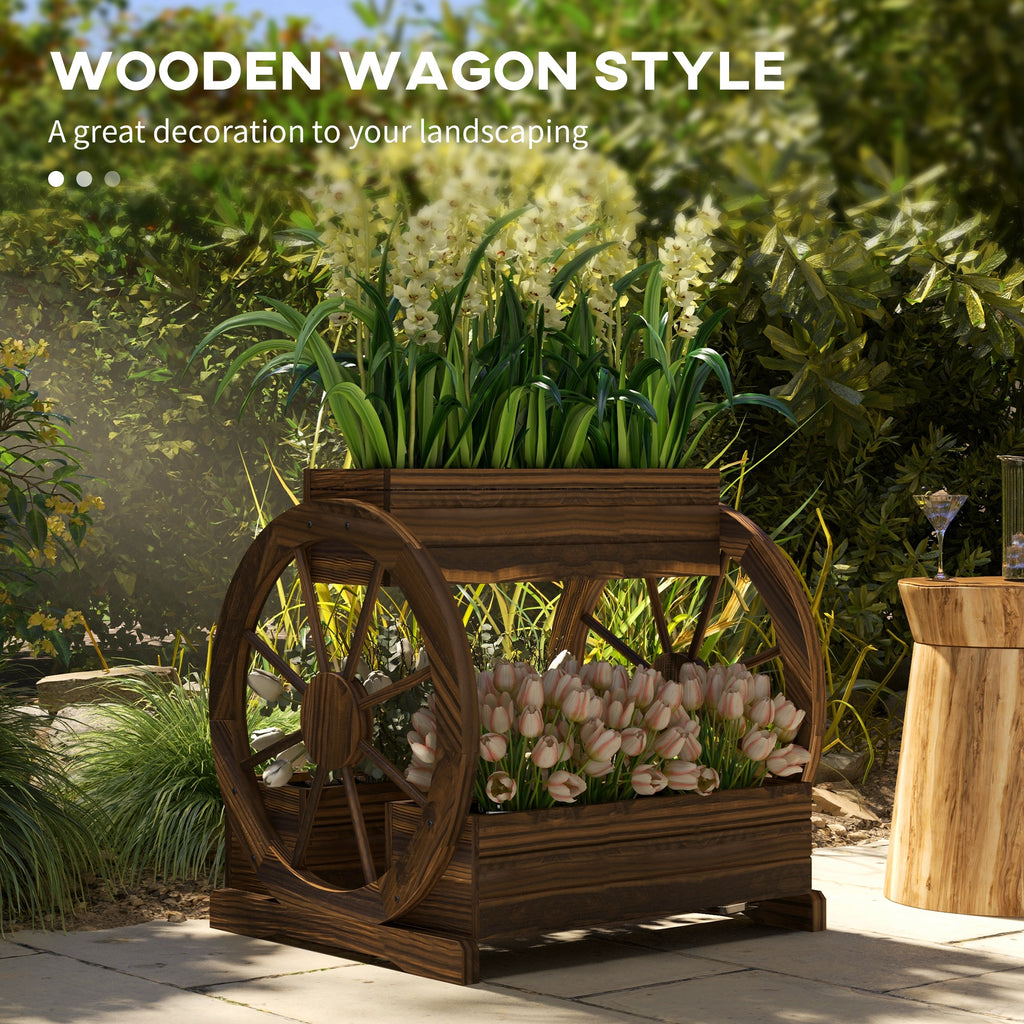 Outsunny Wooden Wood Fioriera at 2 levels with 3 vases and Country -style wagon wheels, 64x54x60cm - Borgè