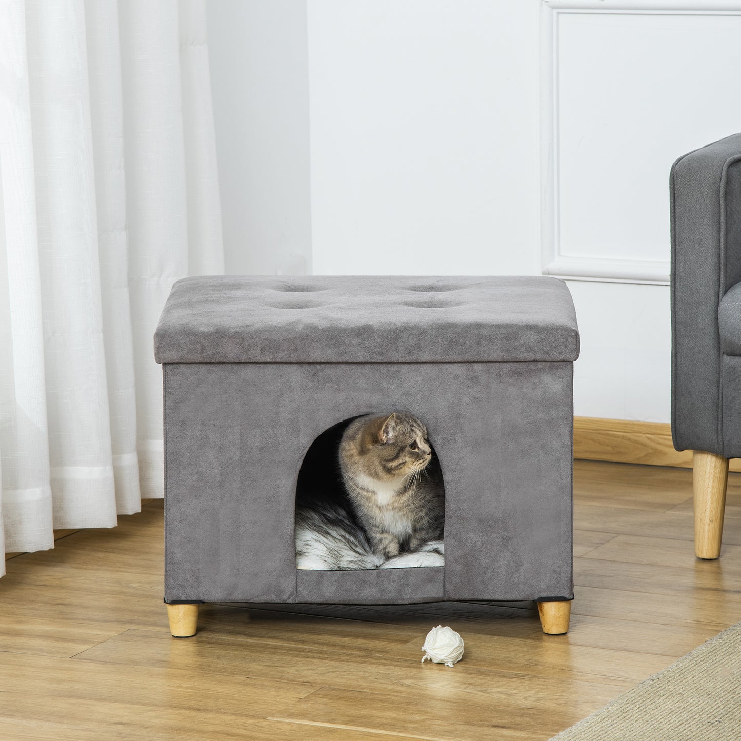 PawHut Cat House Pouf Padded Footstool with Removable and Washable Cushion, Gray