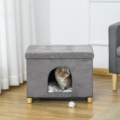 PawHut Cat House Pouf Padded Footstool with Removable and Washable Cushion, Gray