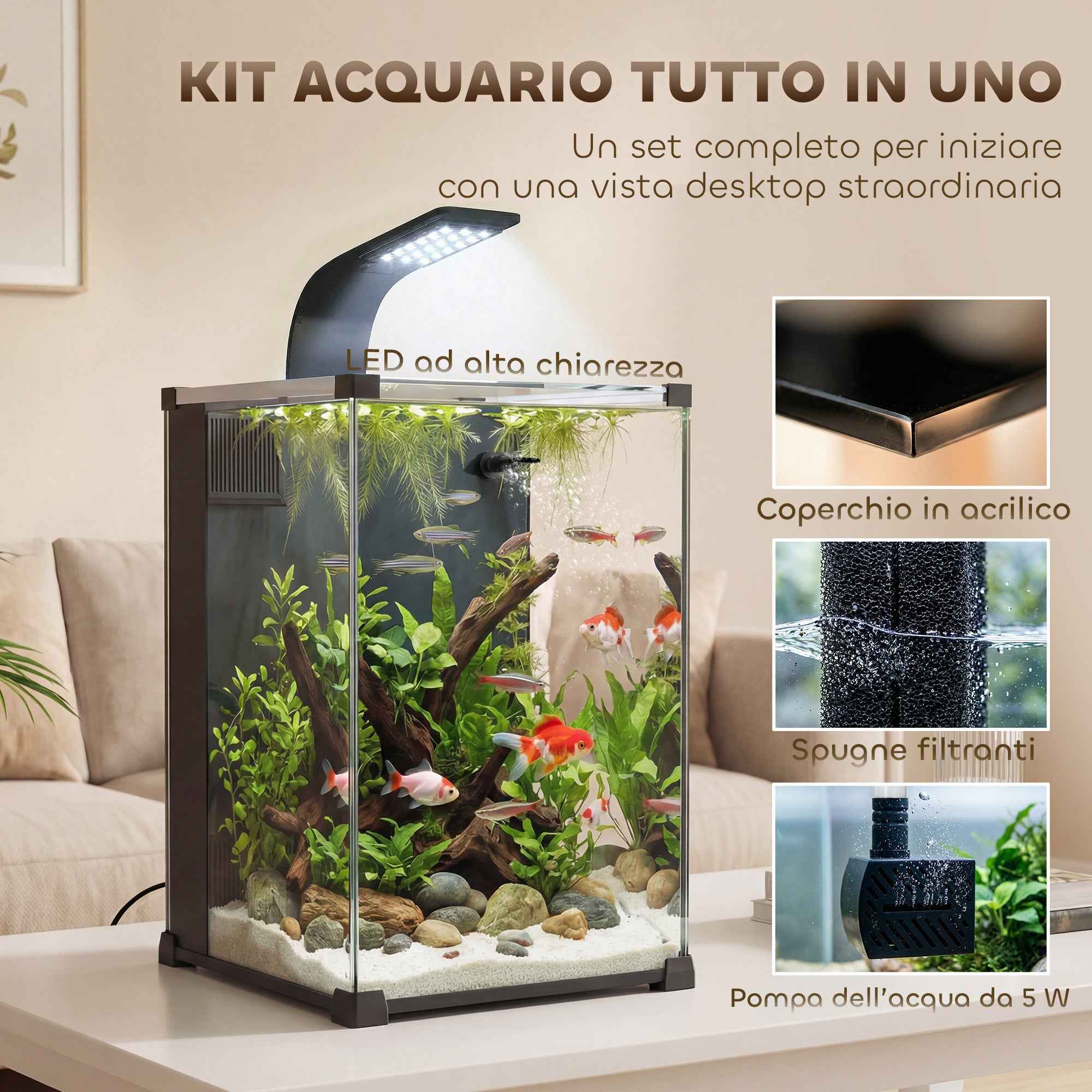 PawHut 36L Aquarium with Integrated Filter, 30 x 30 x 45.5 cm, Black