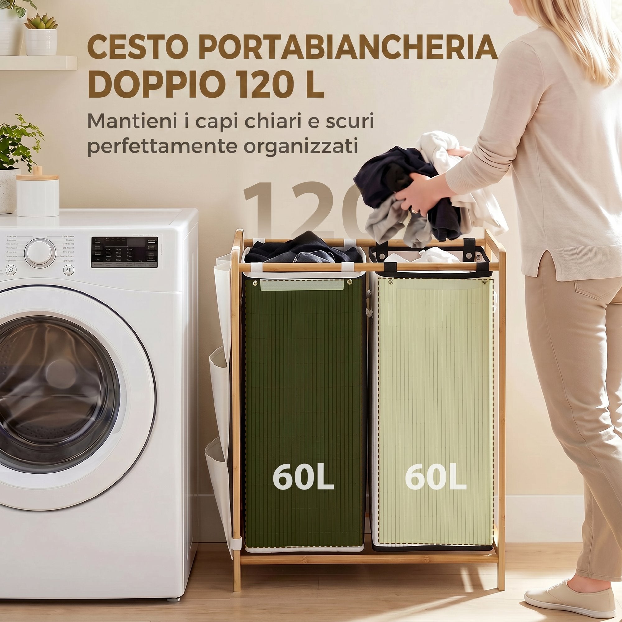 HOMCOM 120L 2-Compartment Laundry Hamper with Lids, Side Pockets, Removable Bags for Bedroom