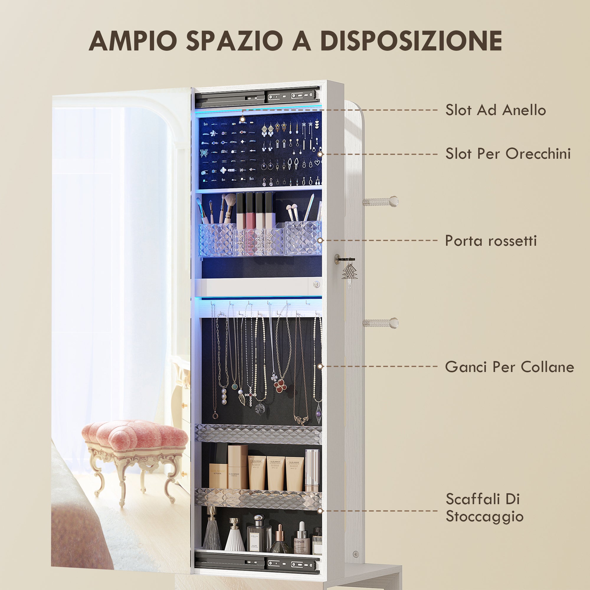 Jewelry Armoire with 360° Swivel Mirror, Adjustable LED Light, Lock and Shelves, 37x40x165.5 cm, Black