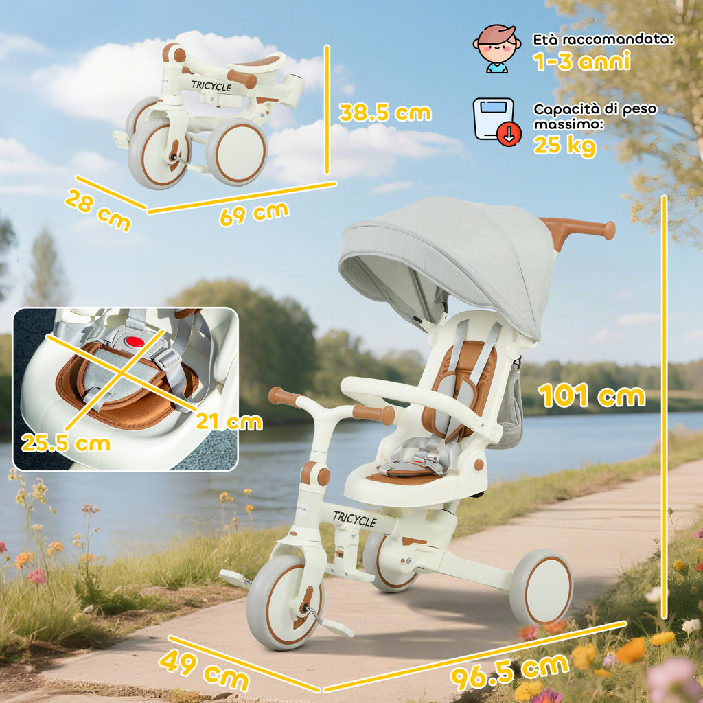 5-in-1 Children's Tricycle with Push Handle and Removable Cover, 96.5x49x101 cm, Cream White