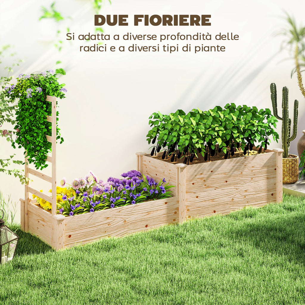 Raised Planter with Trellis for Climbing Plants and Divider, in Fir Wood, 222x63x132 cm, Wood Color