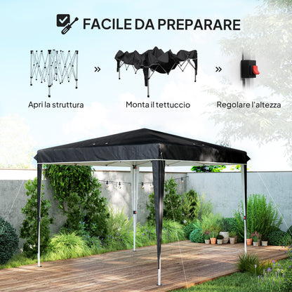 Gazebo 3x3m for 6-9 People Adjustable Height with Drainage Holes, in Metal and Black Oxford Fabric