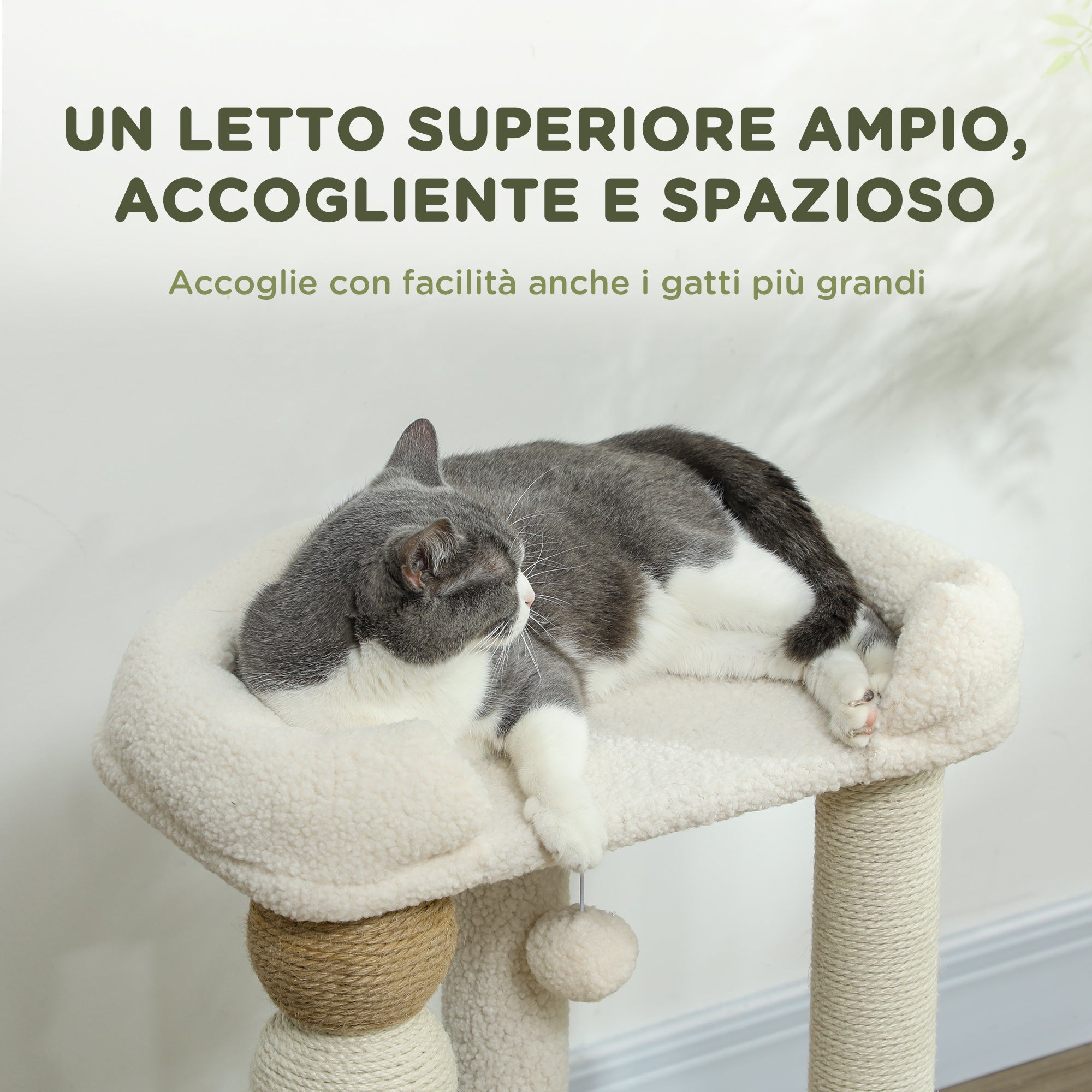 Cat Tower with Bed, Platform and Toy Ball, Made of Wood, Plush and Jute, 48.5x40x76 cm, Beige