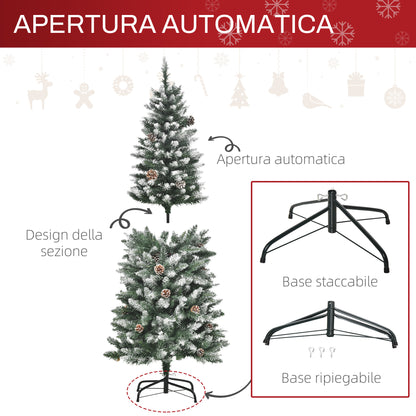 CHRISTMAS TREE - 150cm Snowy Christmas Tree with 464 Branches and 28 Pine Cones in Plastic and Metal, Green and White