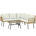 Outsunny 4-Piece Garden Lounge Set with 2 Two-Seater Sofas, Corner Sofa and Coffee Table, Steel and Rattan, Wood and Cream