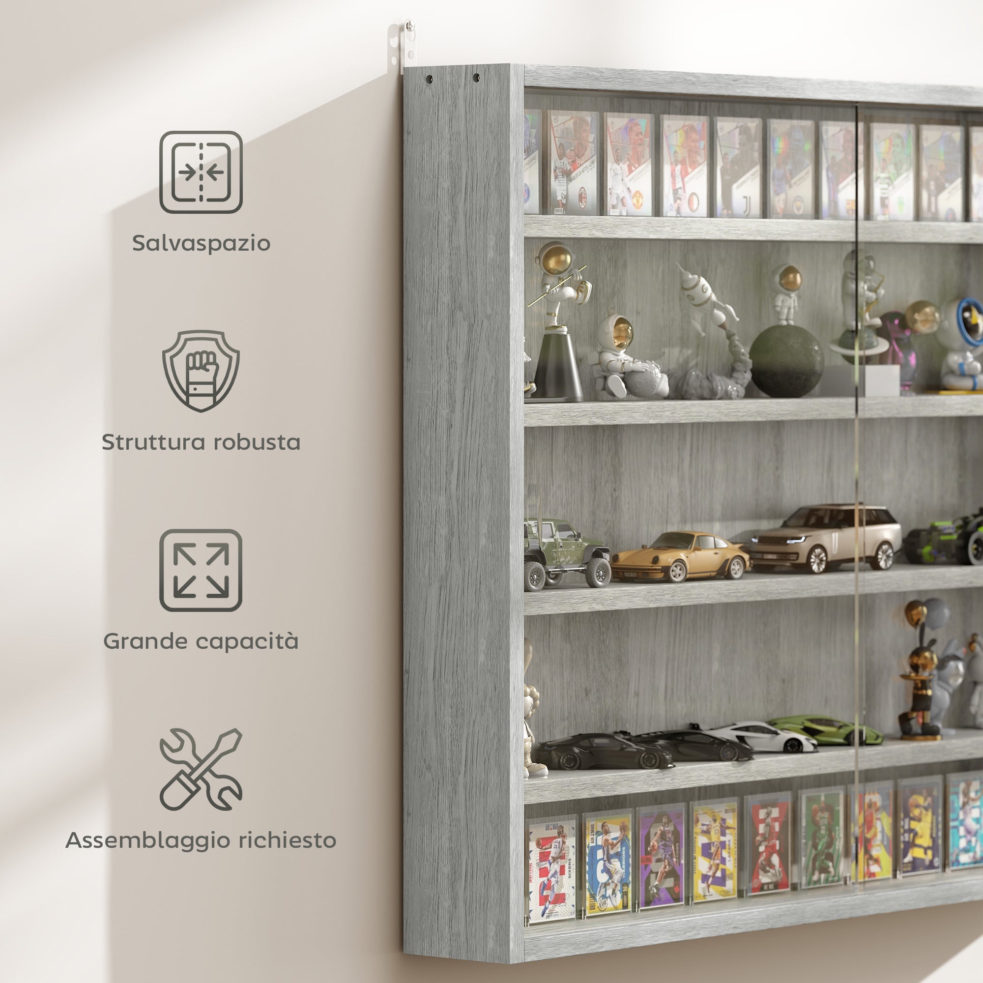 HOMCOM 4-Tier Adjustable Wooden Collectibles Display Cabinet with Glass Doors, 80x9.5x60 cm, Grey