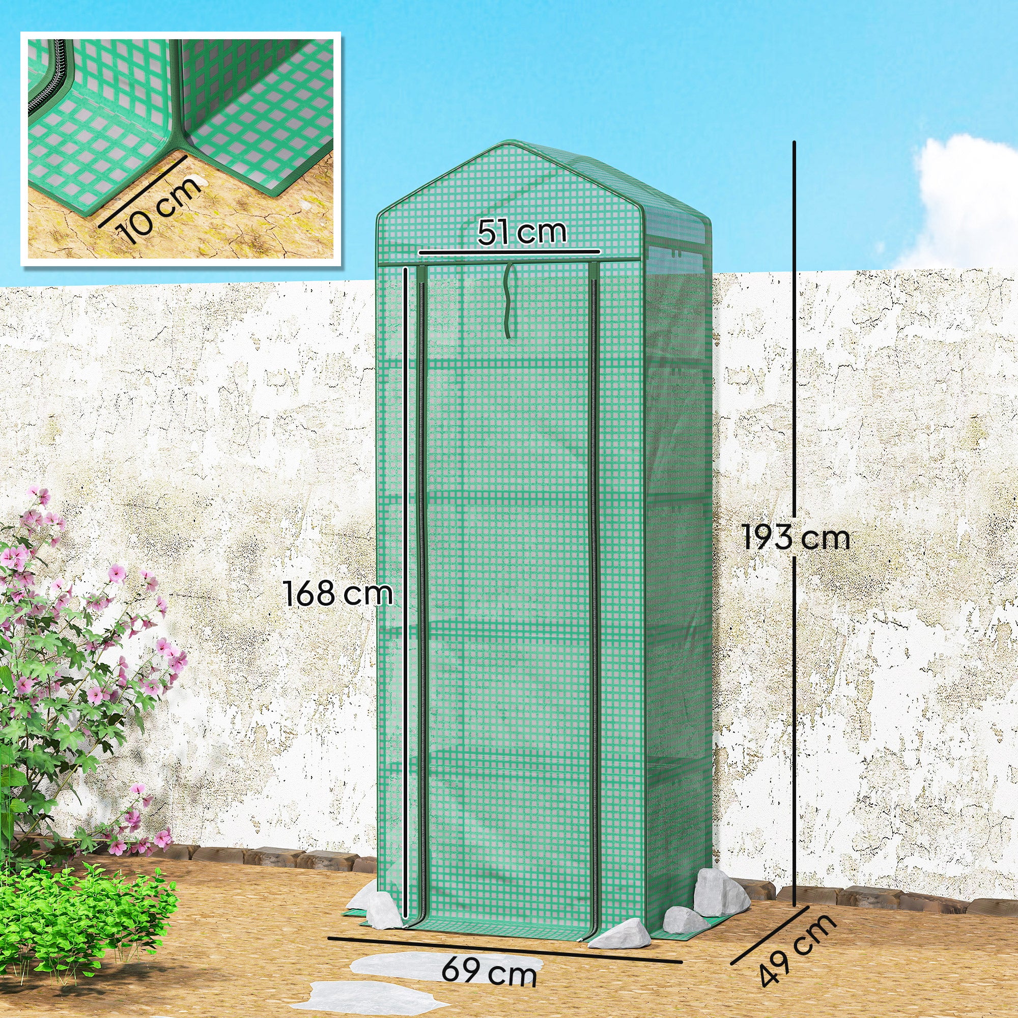 Outsunny 5-Tier Greenhouse with Zip Door, Steel and PE, 69x49x193 cm, Green