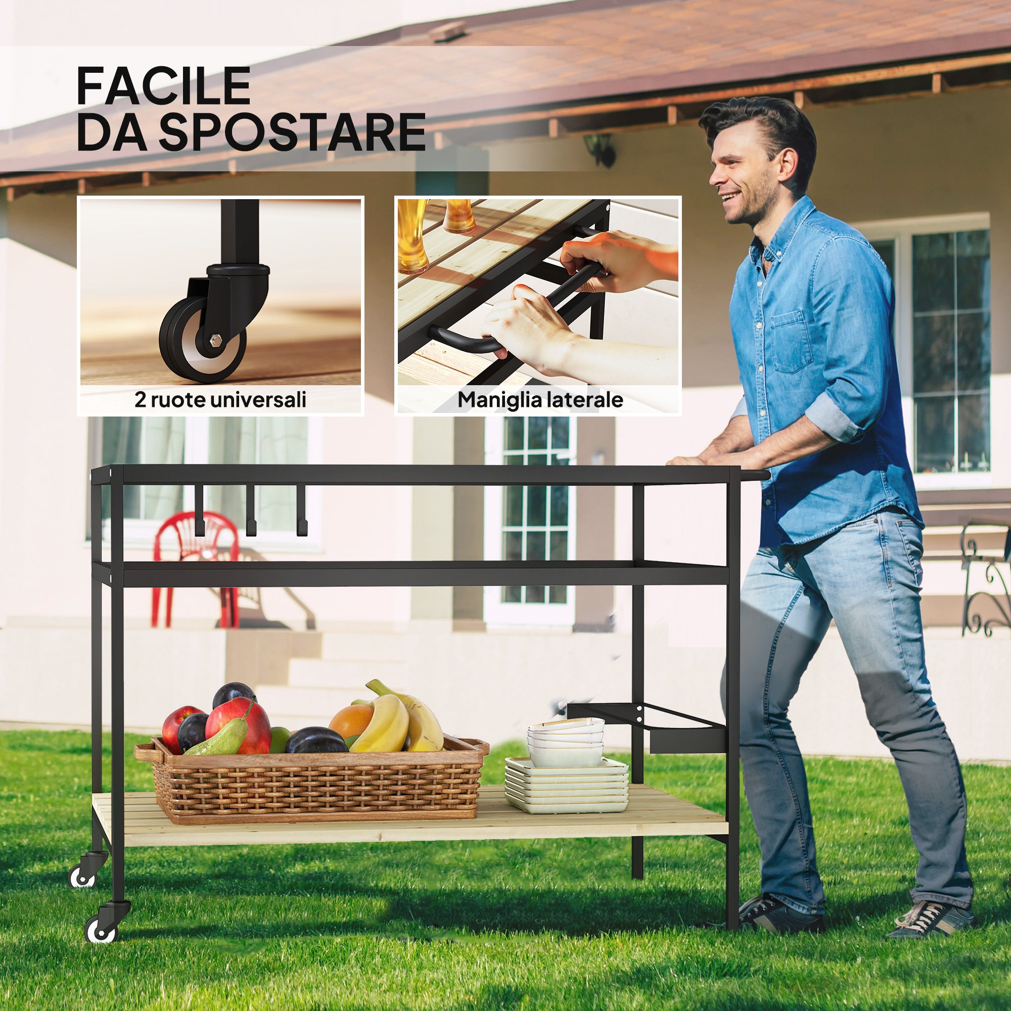 Outsunny Garden Food Cart in Wood with Slats and Steel, Shelf and Handle, 107x65x80 cm