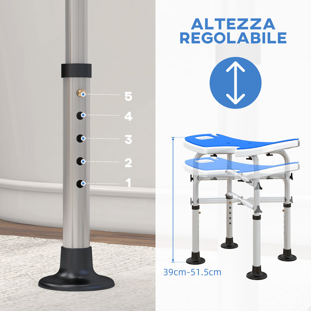 Height-Adjustable Shower Stool with Handle, U-Shaped Padded Seat and Non-Slip Feet, Blue