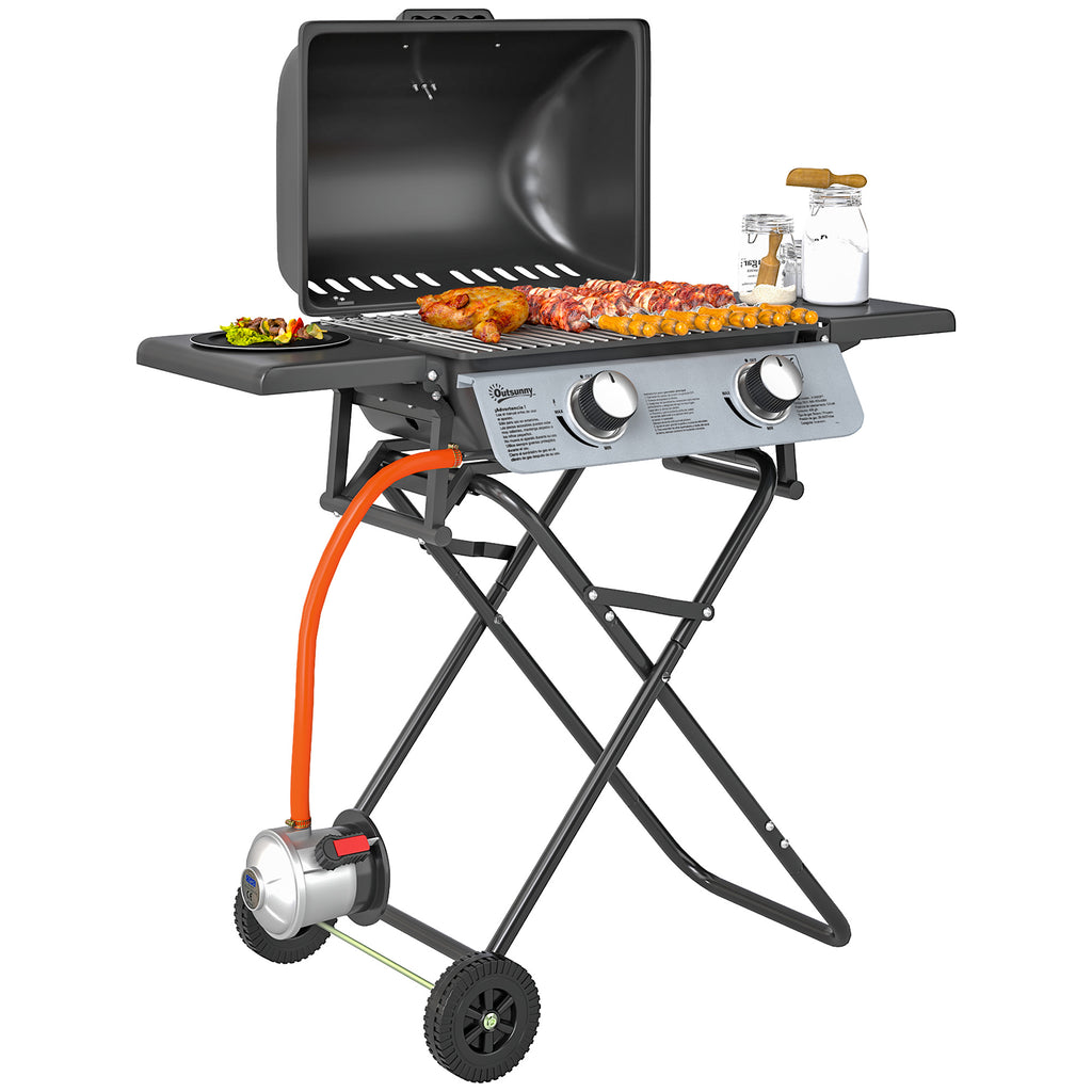 Portable Gas Barbecue with 2 Burners and 2 Side Tables, Lid with Thermometer and Wheels, Black
