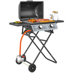 Portable Gas Barbecue with 2 Burners and 2 Side Tables, Lid with Thermometer and Wheels, Black