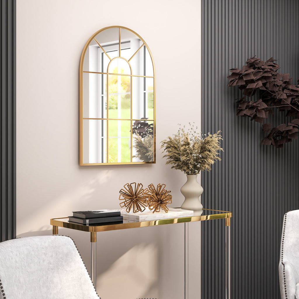 Arched Wall Mirror in Glass and Gold Metal with a Modern Style, 91x2x60 cm