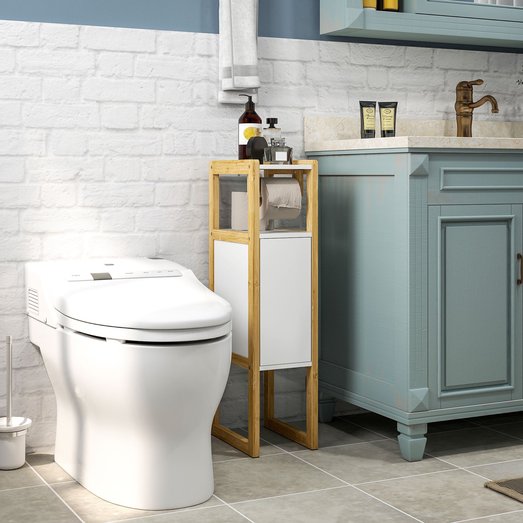 Space-Saving Bathroom Cabinet with Toilet Paper Holder, Cabinet and Bamboo Shelf, 20x33x80cm, White