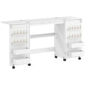 Folding Sewing Machine Table with Shelves, 20 Pegs, Lockable Wheels, White