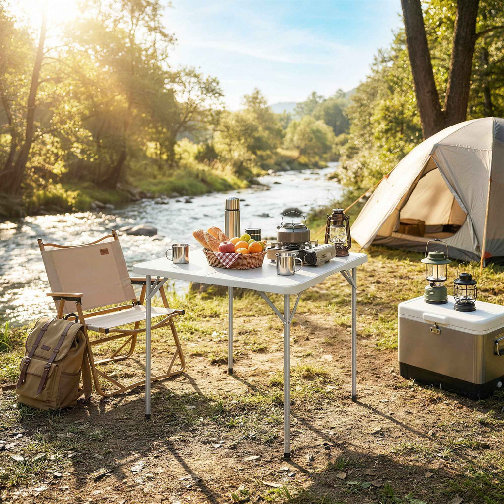 Outsunny Folding Square Camping Table in Metal and HDPE, 86x86x74 cm, White