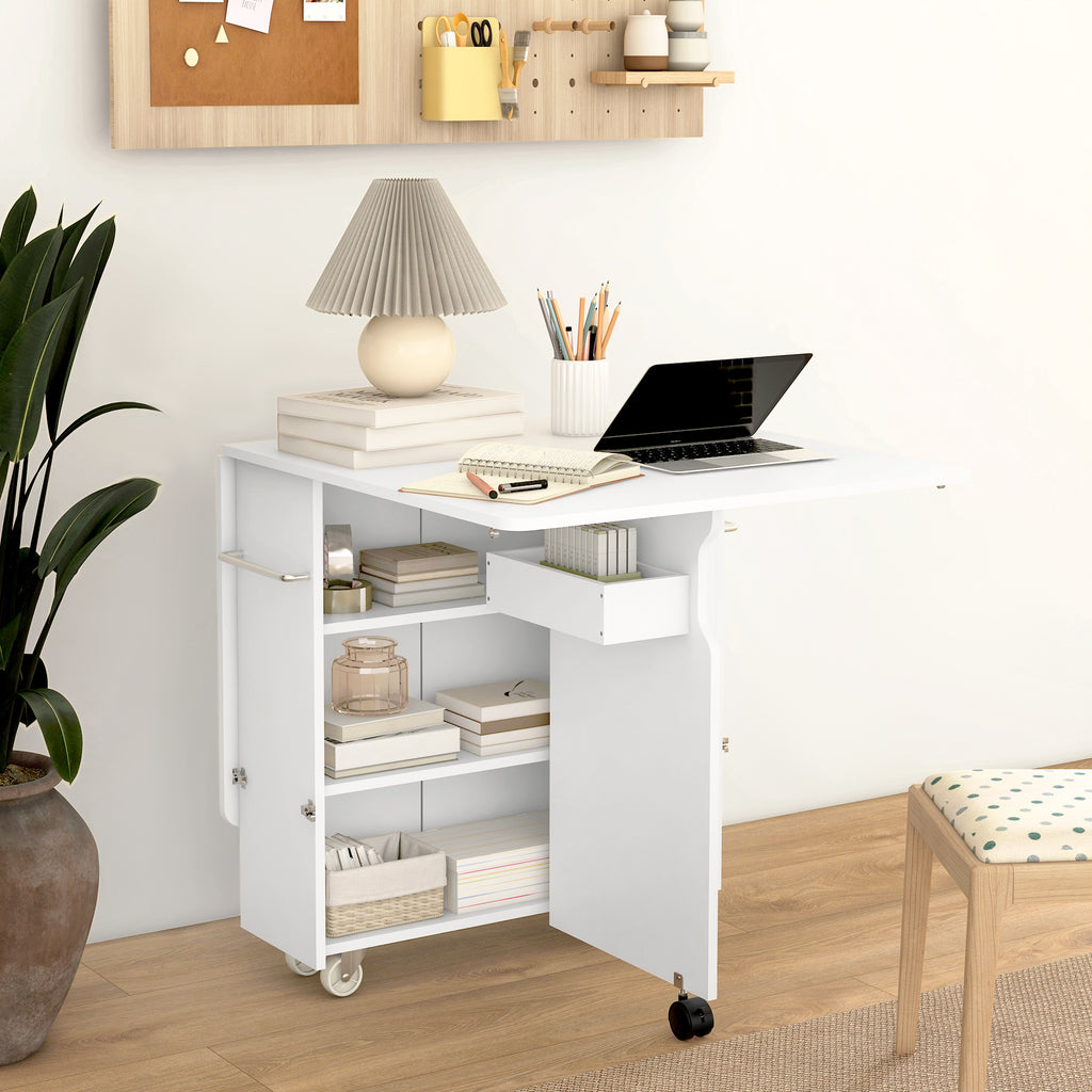 HOMCOM Folding Leaf Table with 3-Level Shelves, Box and Wheels, in MDF, 130x80x76.5 cm, White - Borgè