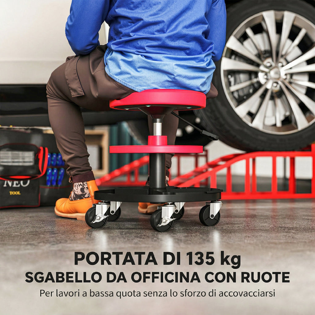 HOMCOM Workshop Stool with 6cm Wheels, Capacity up to 135kg, Adjustable Height 40-51cm, with Tool Trays, Red