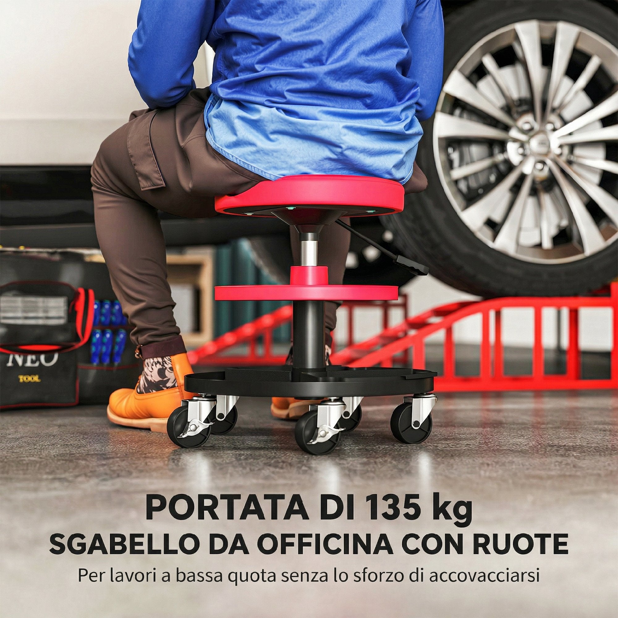 HOMCOM Workshop Stool with 6cm Wheels, Capacity up to 135kg, Adjustable Height 40-51cm, with Tool Trays, Red
