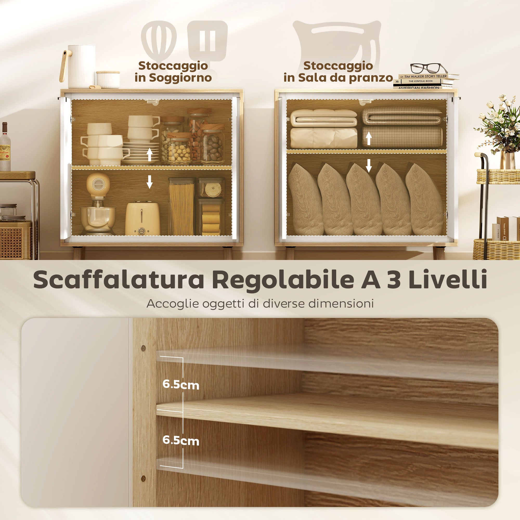 Modern 2-Door Sideboard with Adjustable Shelf, 72x35x77 cm, Gloss White and Oak