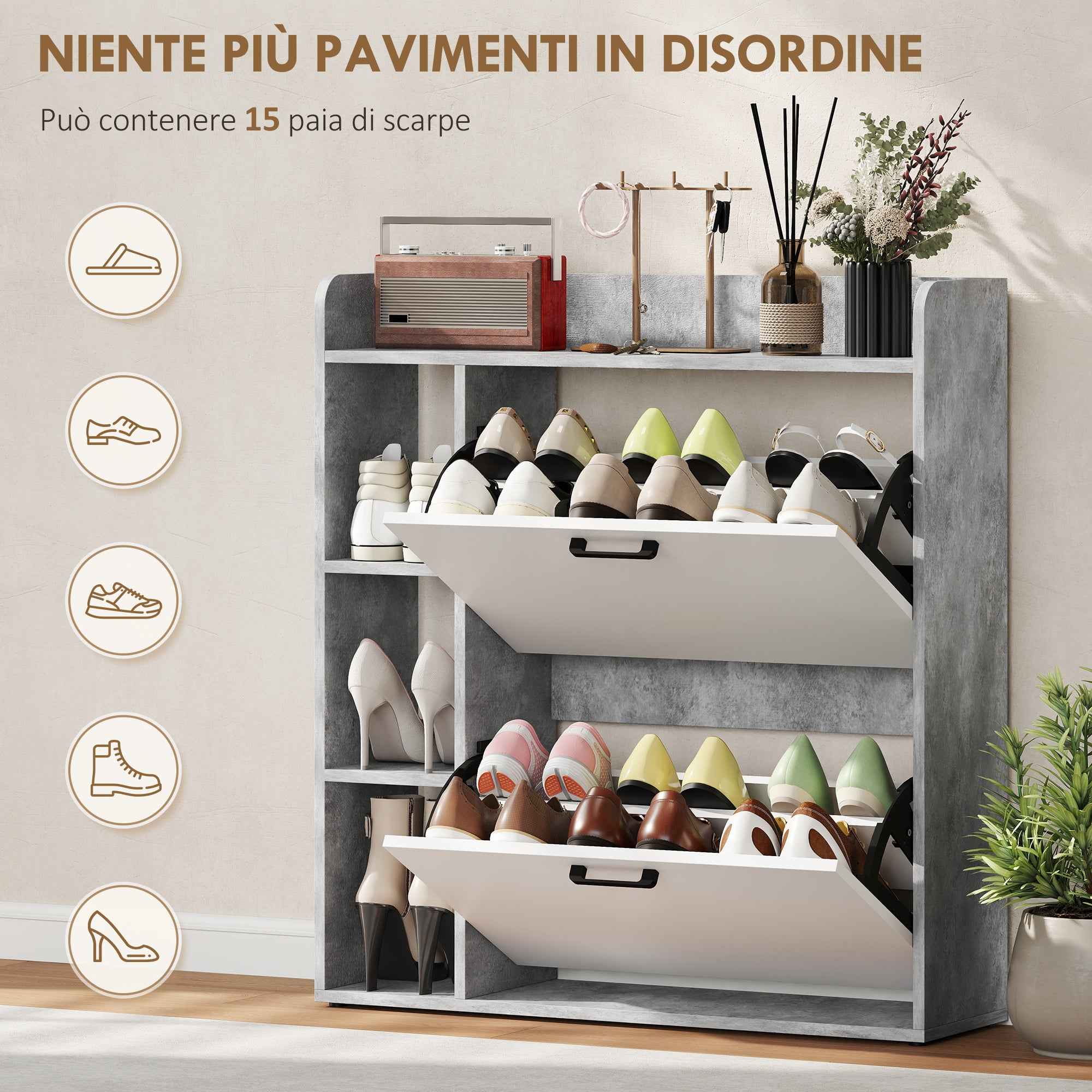 HOMCOM Slim Shoe Rack with 2 Tilting Drawers and 3 Open Compartments, Capacity 15 Shoes, 83x24x90.5 cm, Grey