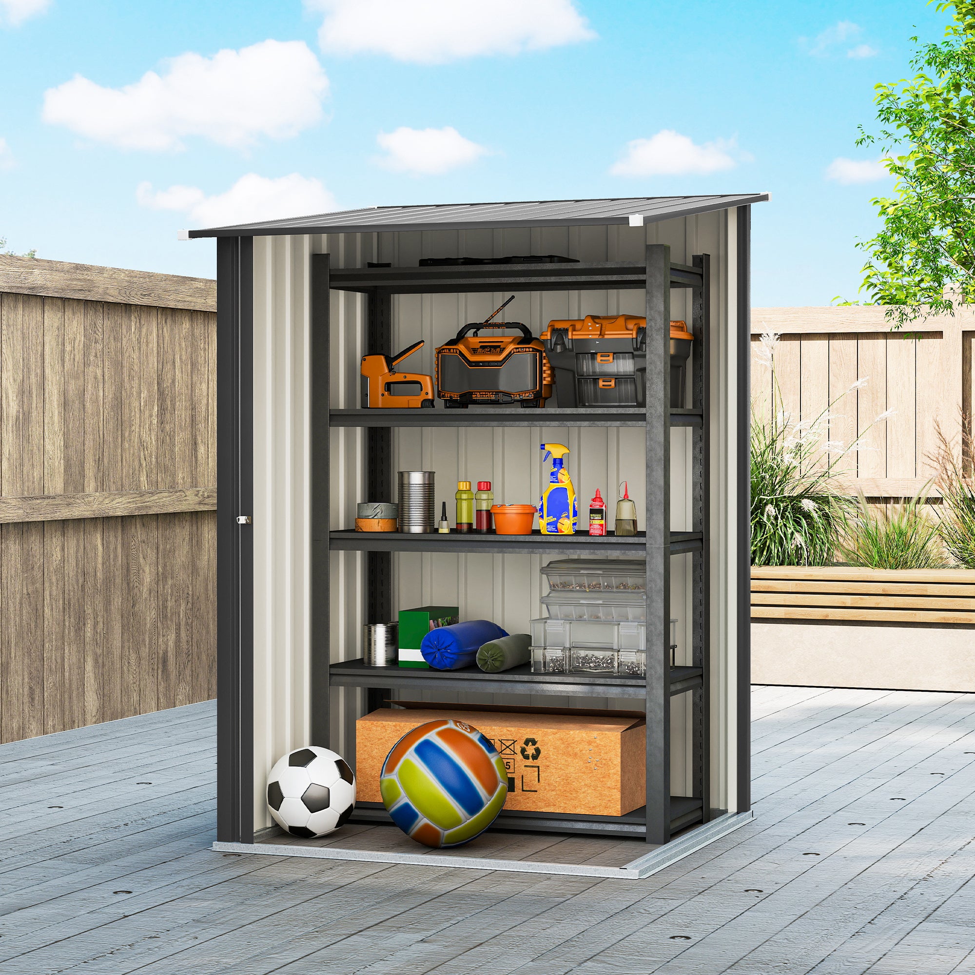Outsunny Galvanized Steel Garden Shed with Door, 100x104x160 cm, Dark Grey