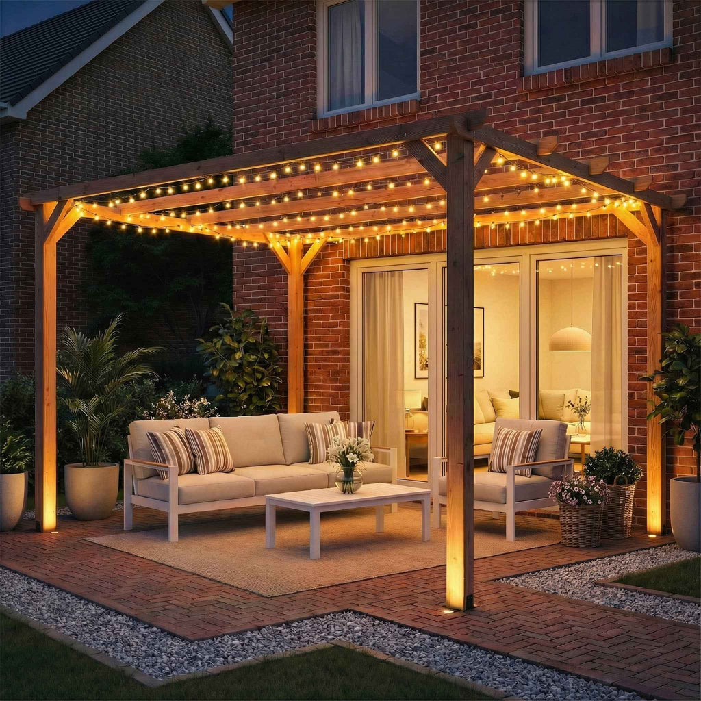 3x3 m Fir Wood Garden Pergola with Triangular Supports and 5 Beams, Wood Color