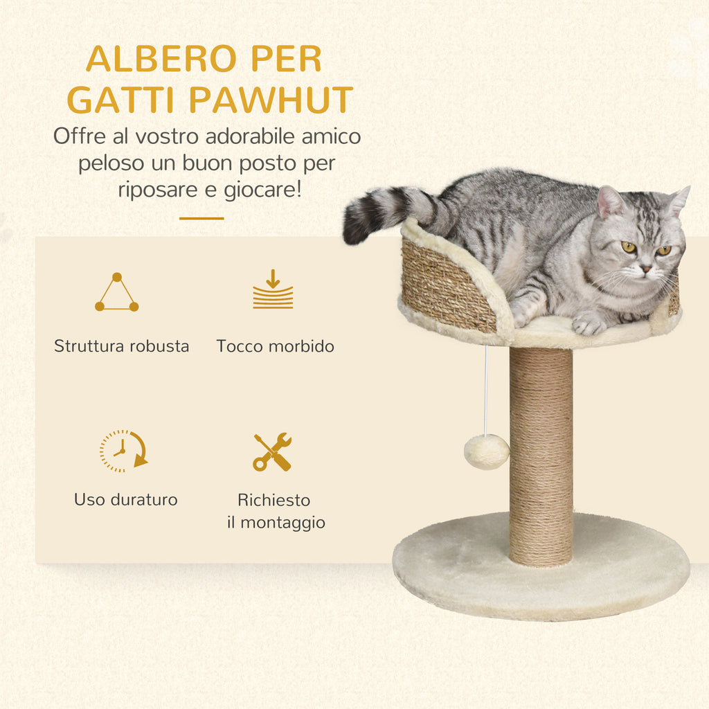 PawHut Scratching Post for Cats with Bed, Jute Pole and Hanging Ball, 40x40x49cm, Beige - Borgè