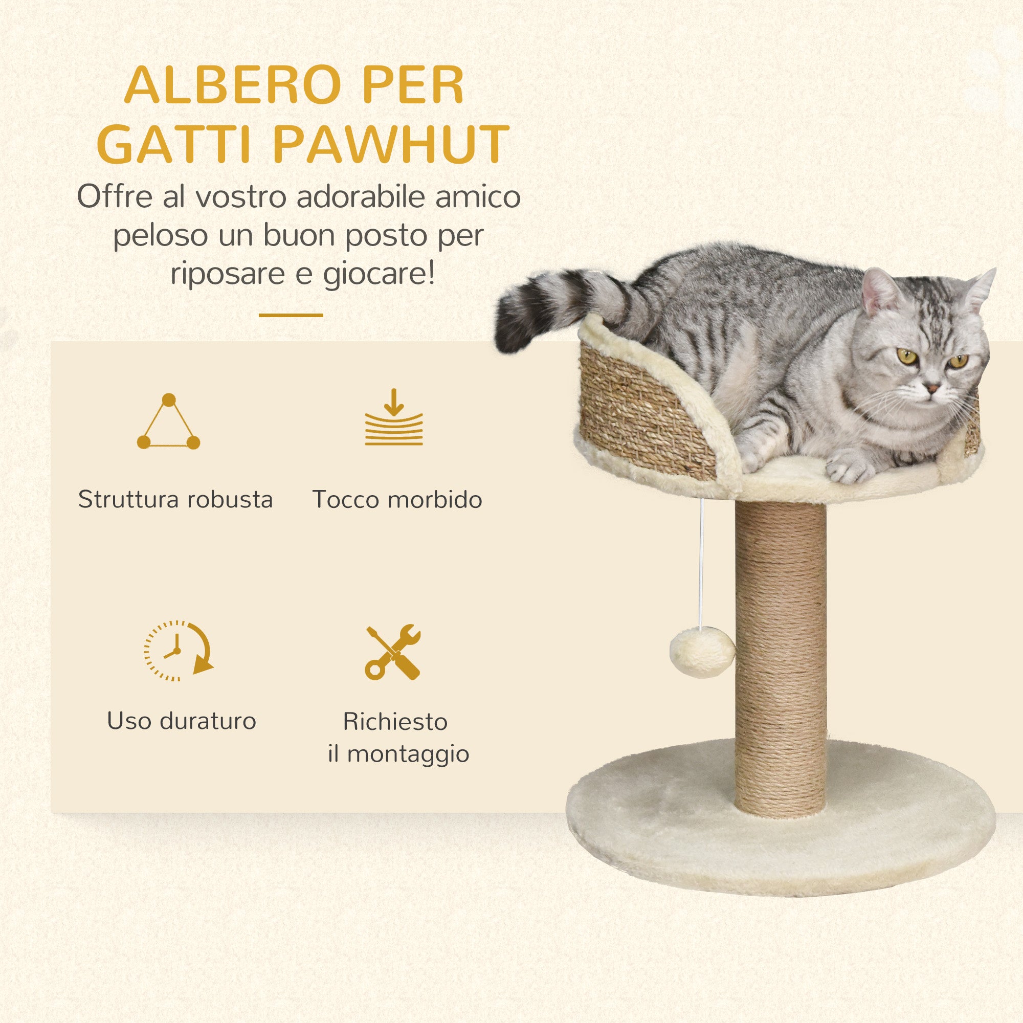 PawHut Scratching Post for Cats with Bed, Jute Pole and Hanging Ball, 40x40x49cm, Beige - Borgè
