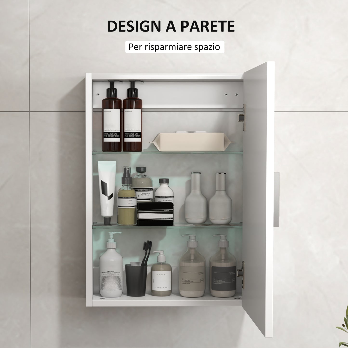 Wall-Mounted Wooden Bathroom Cabinet with 3 Adjustable Glass Shelves on 3 Levels, 40x15x55 cm, White