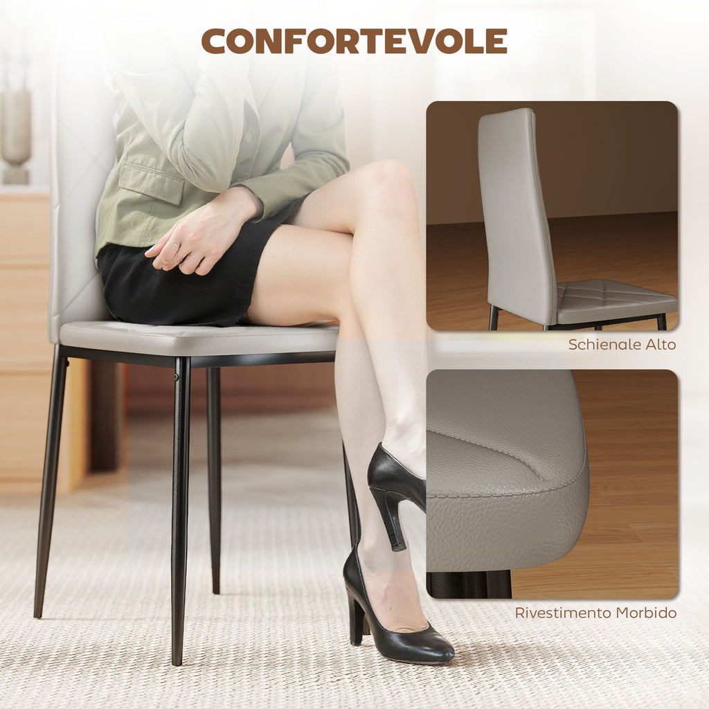 Set of 4 High-Back Dining Chairs in Faux Leather and Steel, 41x50x97cm, Grey