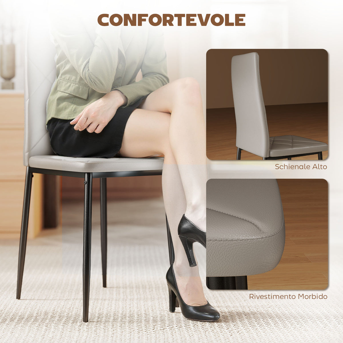 Set of 4 High-Back Dining Chairs in Faux Leather and Steel, 41x50x97cm, Grey