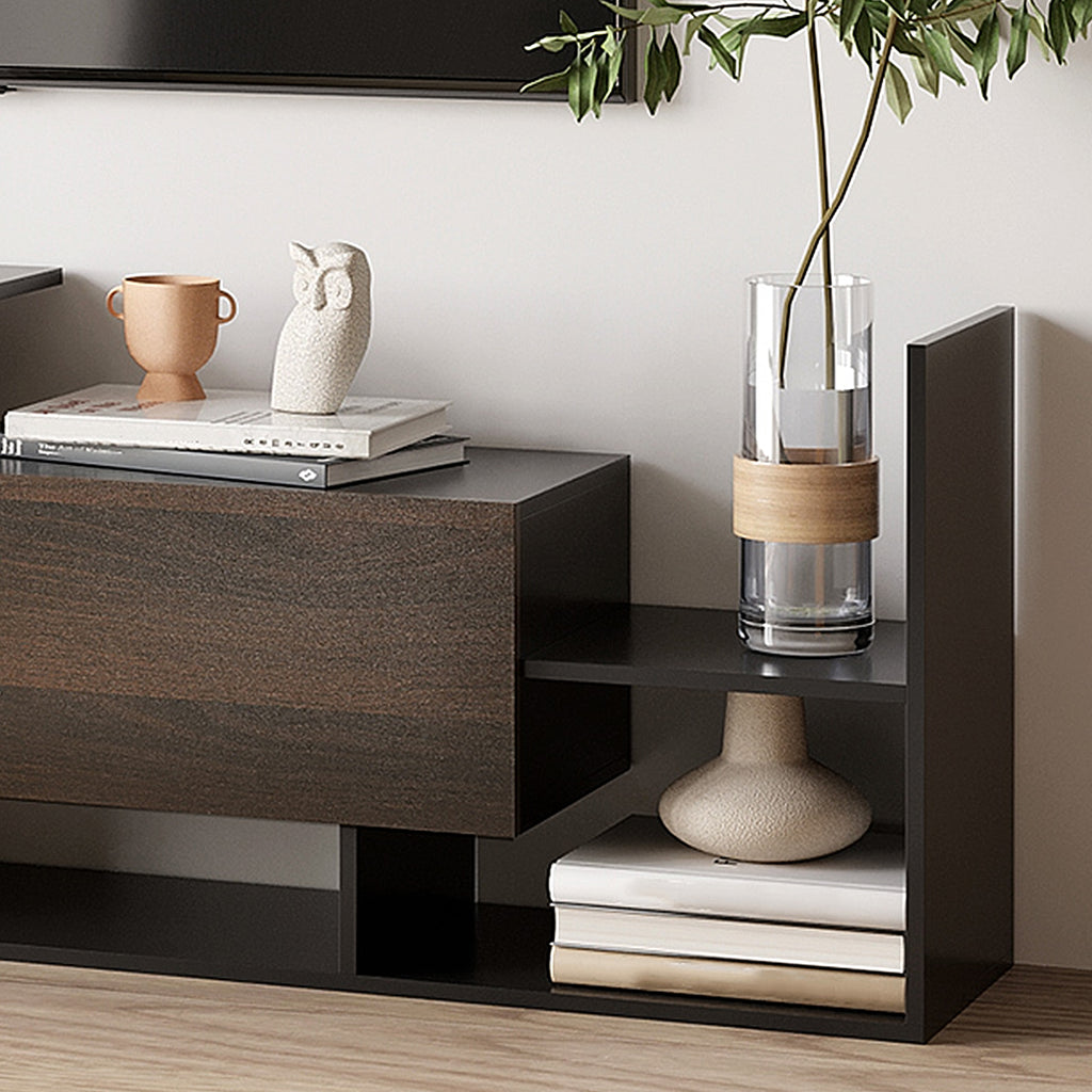 HOMCOM Wall-Mounted TV Stand with Open Shelves and Cabinet for Living Room and Bedroom, Black and Dark Brown