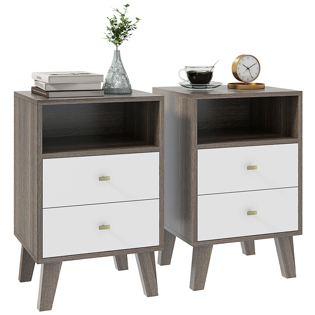 Set of 2 Modern Bedroom Nightstands with 2 Drawers and Open Compartment, 40x34x64cm, Grey