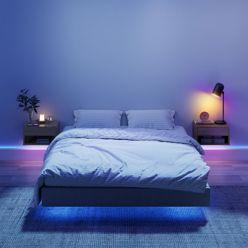 HOMCOM Set of 2 Wall-Mounted Bedside Tables with Built-in RGB LED Lights, Adjustable via APP, Drawer and Shelf, 37x32x21 cm, Wood Color
