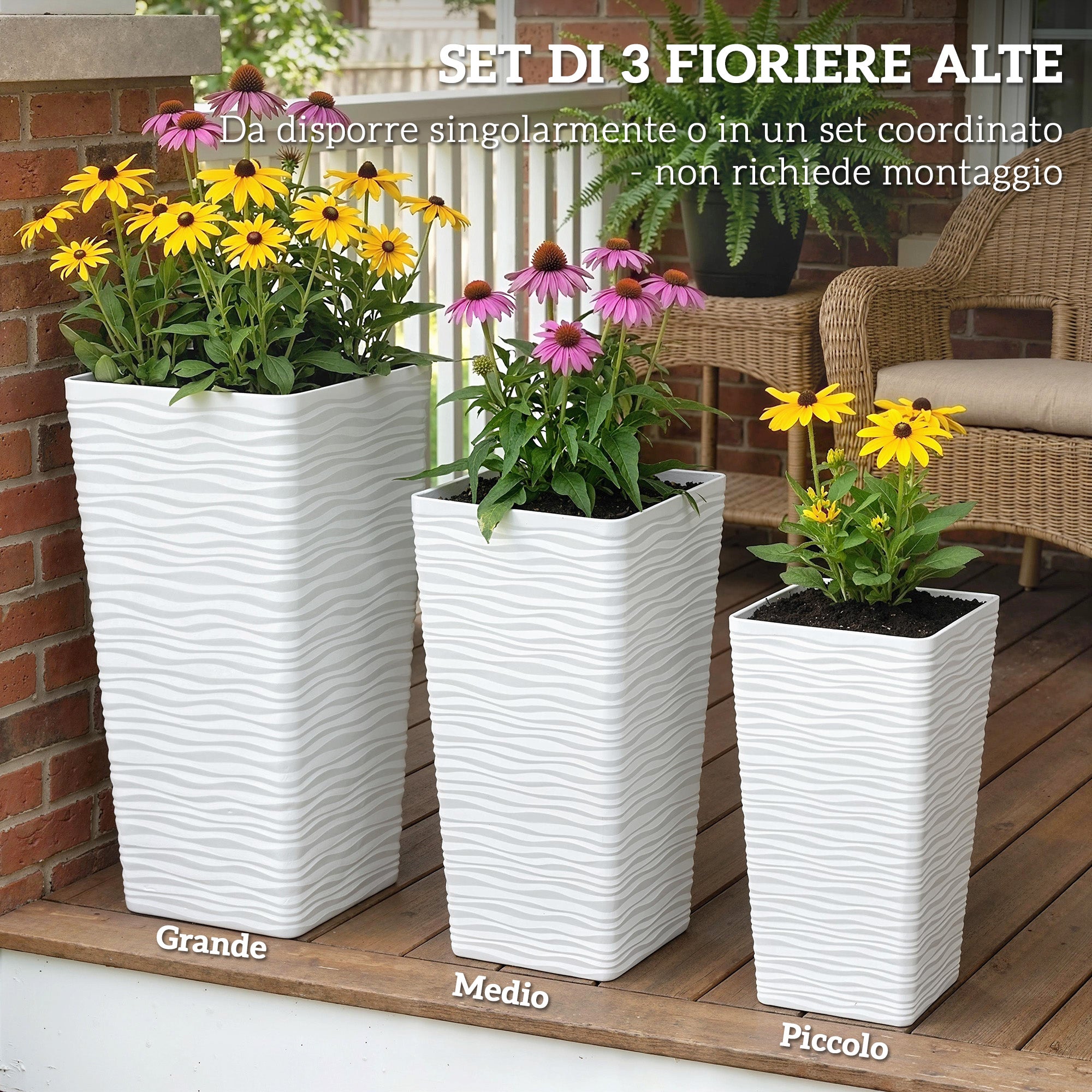 Outsunny Set of 3 Stackable Outdoor Planters with Wavy Pattern in Plastic, 42/55/65 cm, White