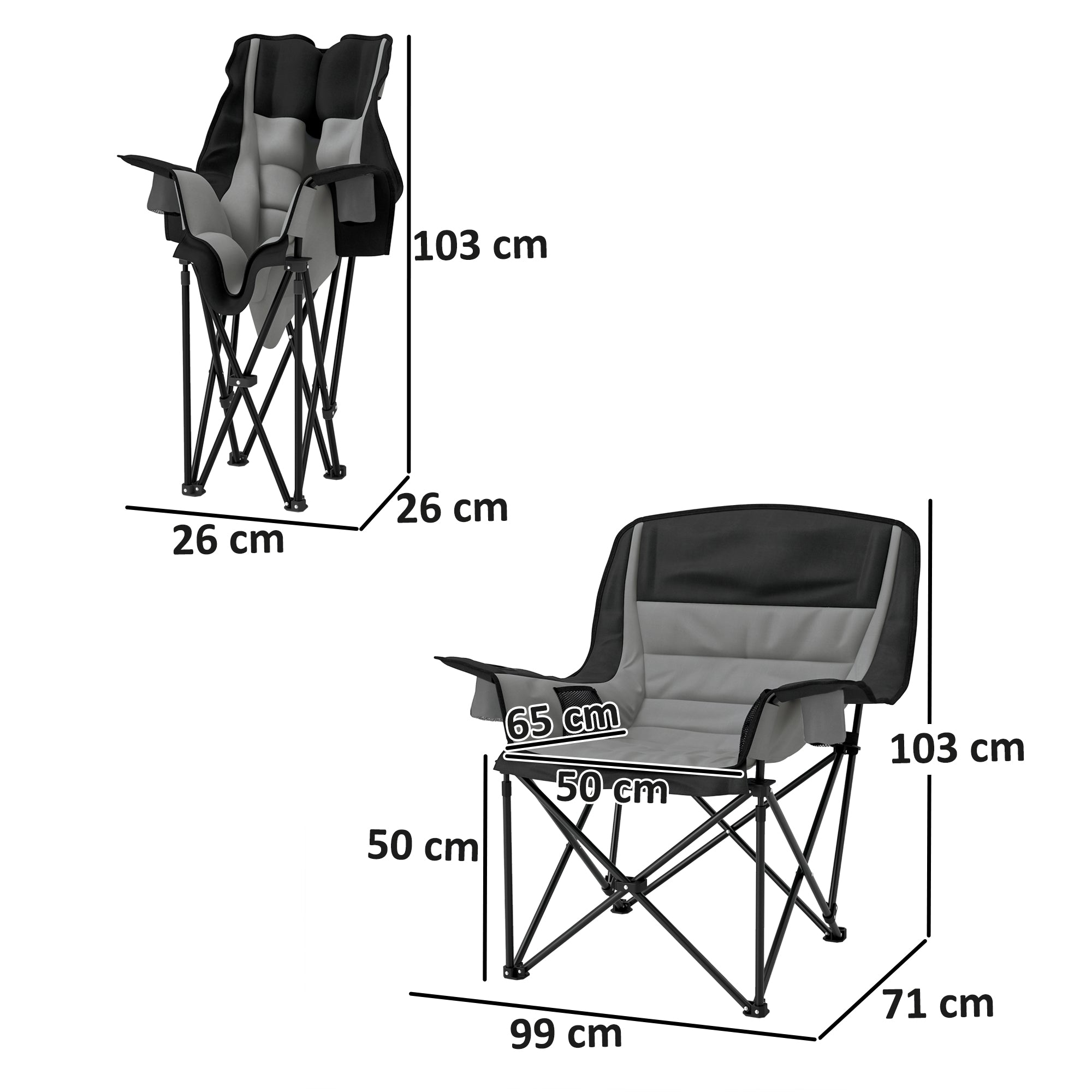 Folding Camping Chair with 2 Cup Holders and Side Pockets, 99x71x103 cm, Gray and Black