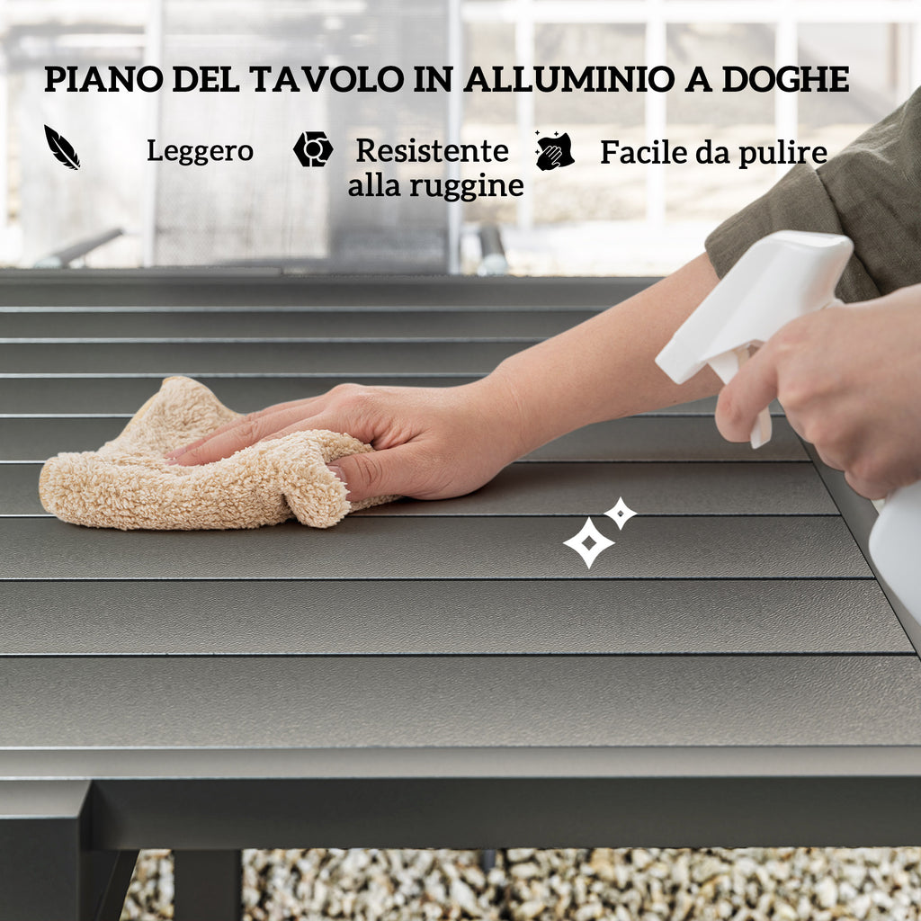 7 Piece Garden Set with 6 Folding Chairs and Extendable Table, in Steel, Aluminum and Mesh Grey and Black