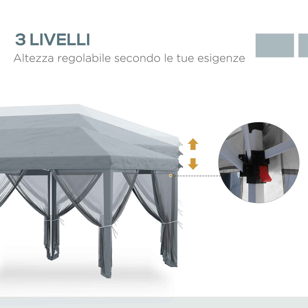 Outsunny 6x3m Folding Garden Gazebo with 6 Mosquito Nets and Button, Steel and Polyester, Grey